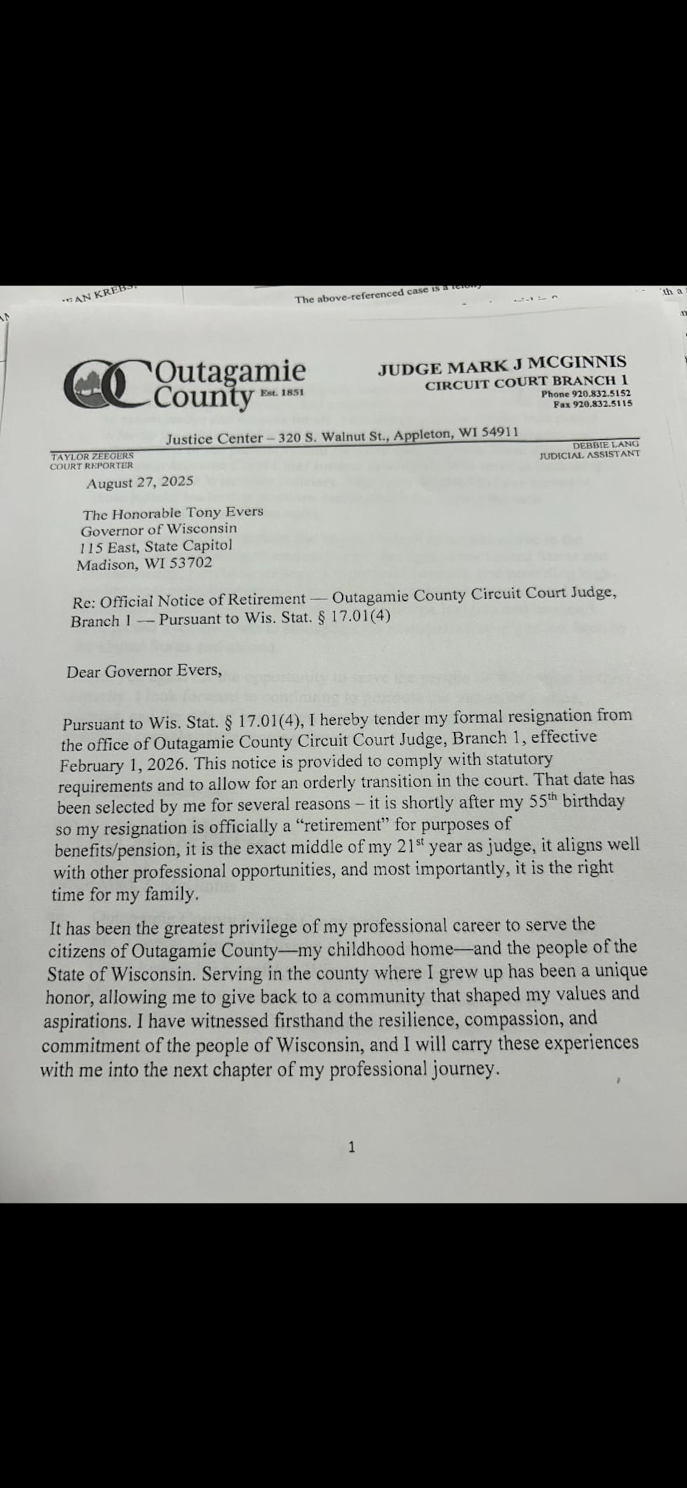 Outagamie County Richter tritt zurück