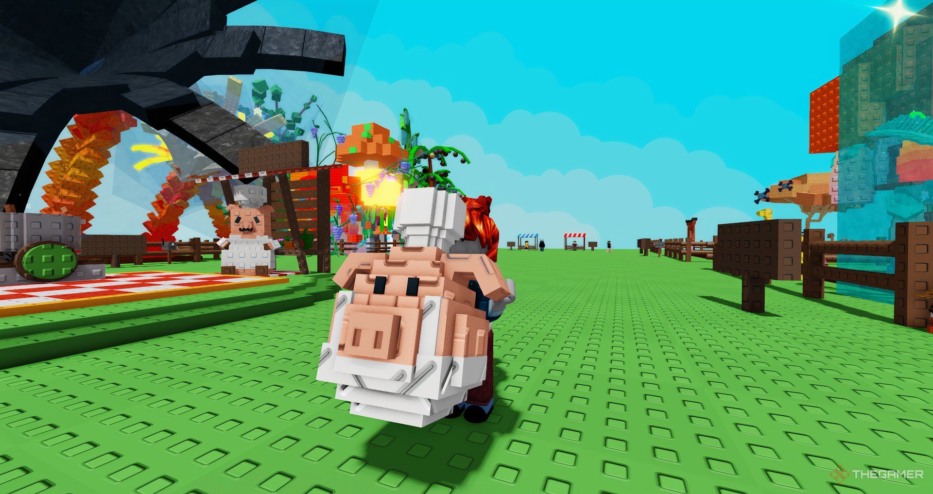 Ein Spieler, der ein Gourmet -Ei in Roblox hält, baut einen Garten an.