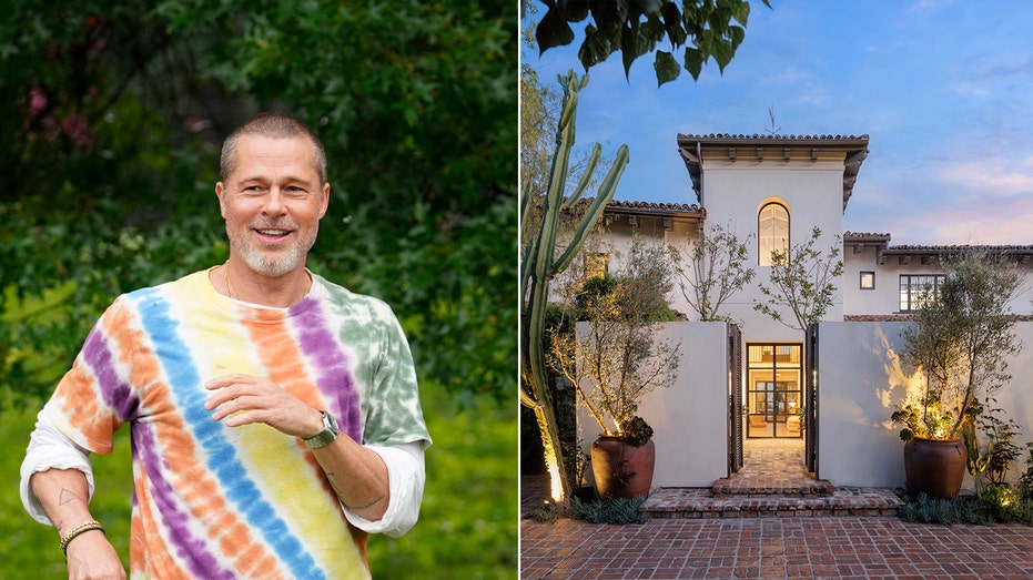 Eine Spaltung von Brad Pitt und dem Äußeren seines Hauses in Hollywood Hills.