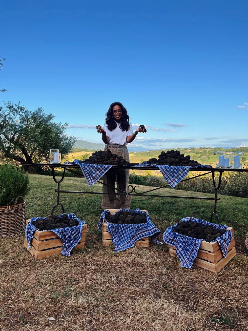 Oprah mit einer Ausstellung von Trüffeln in Holzkisten mit bluechischer Stoff bedeckt
