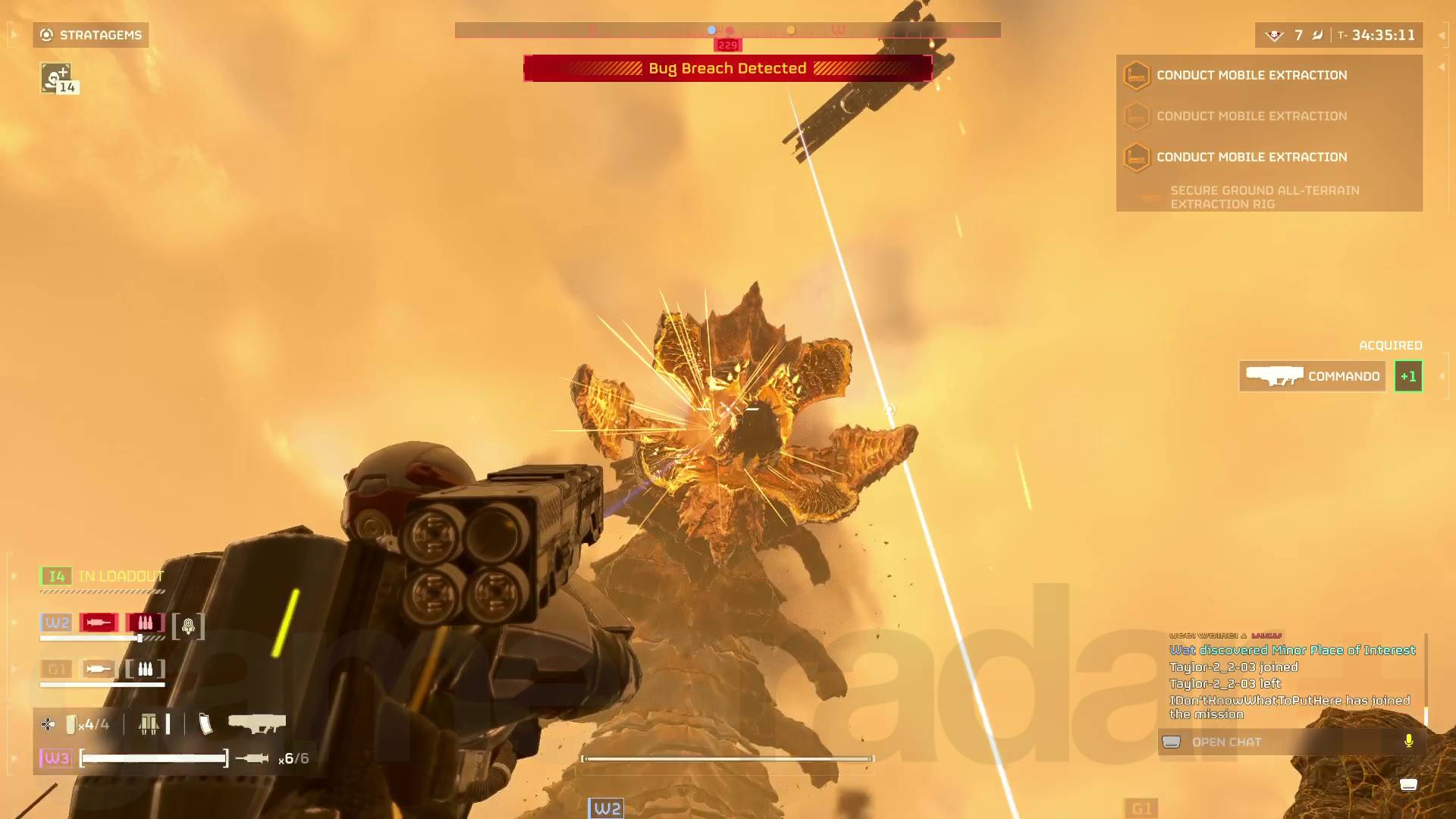 Helldivers 2 Hive Lord wird mit Commando Rocket getroffen